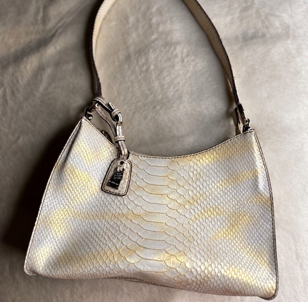 Liz Claiborne Genuine Leather Snakeskin Embossed Shoulder Bag Ivory Gold Y2K